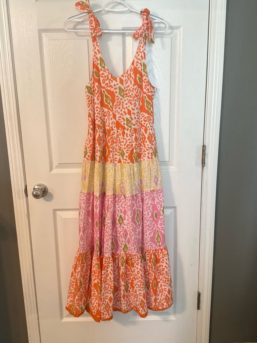 THML Orange, Pink & Yellow Tie-Shoulder Tiered Maxi Dress